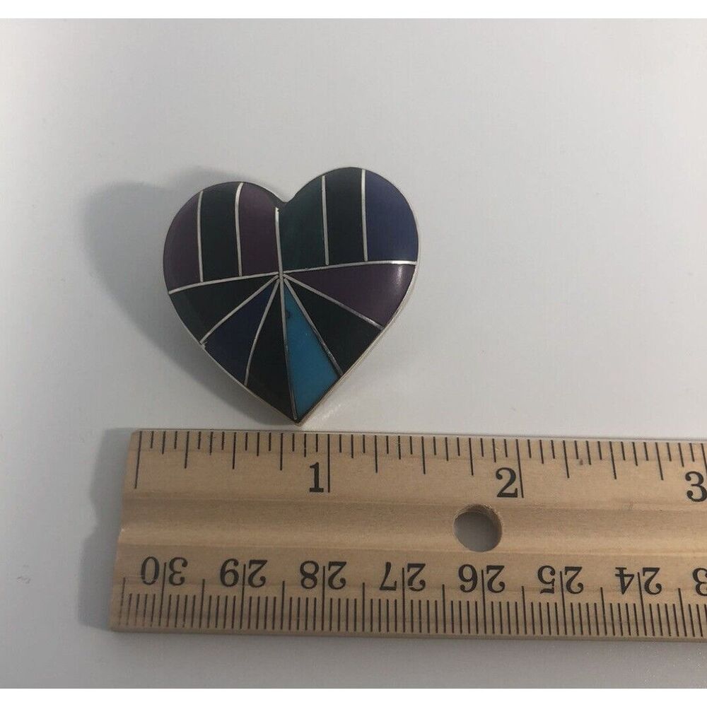 VINTAGE MALACHITE/ONYX/TURQ INLAYED STERLING SILVER HEART PENDANT  MEXICO 925 - Picture 6 of 7